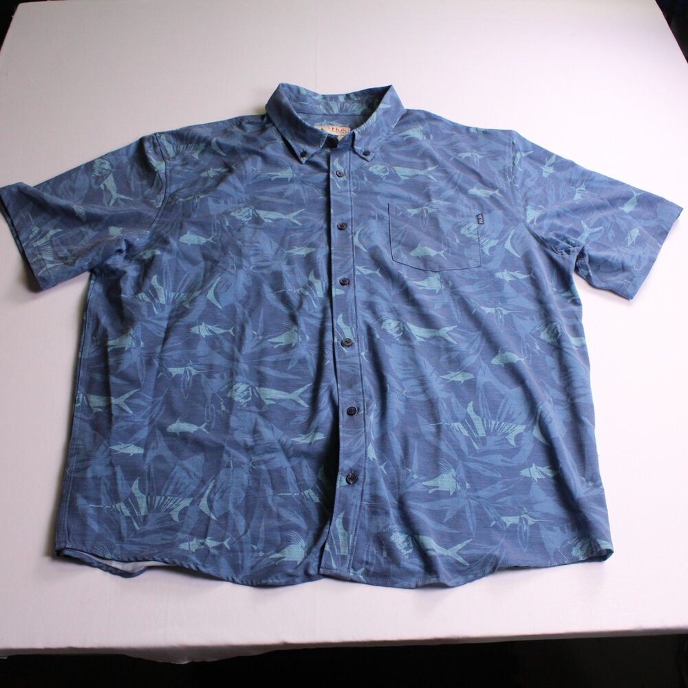 Huk Men's 2XL Kona Short Sleeve Fishing Shirt - Blue Fish Pattern Performance
